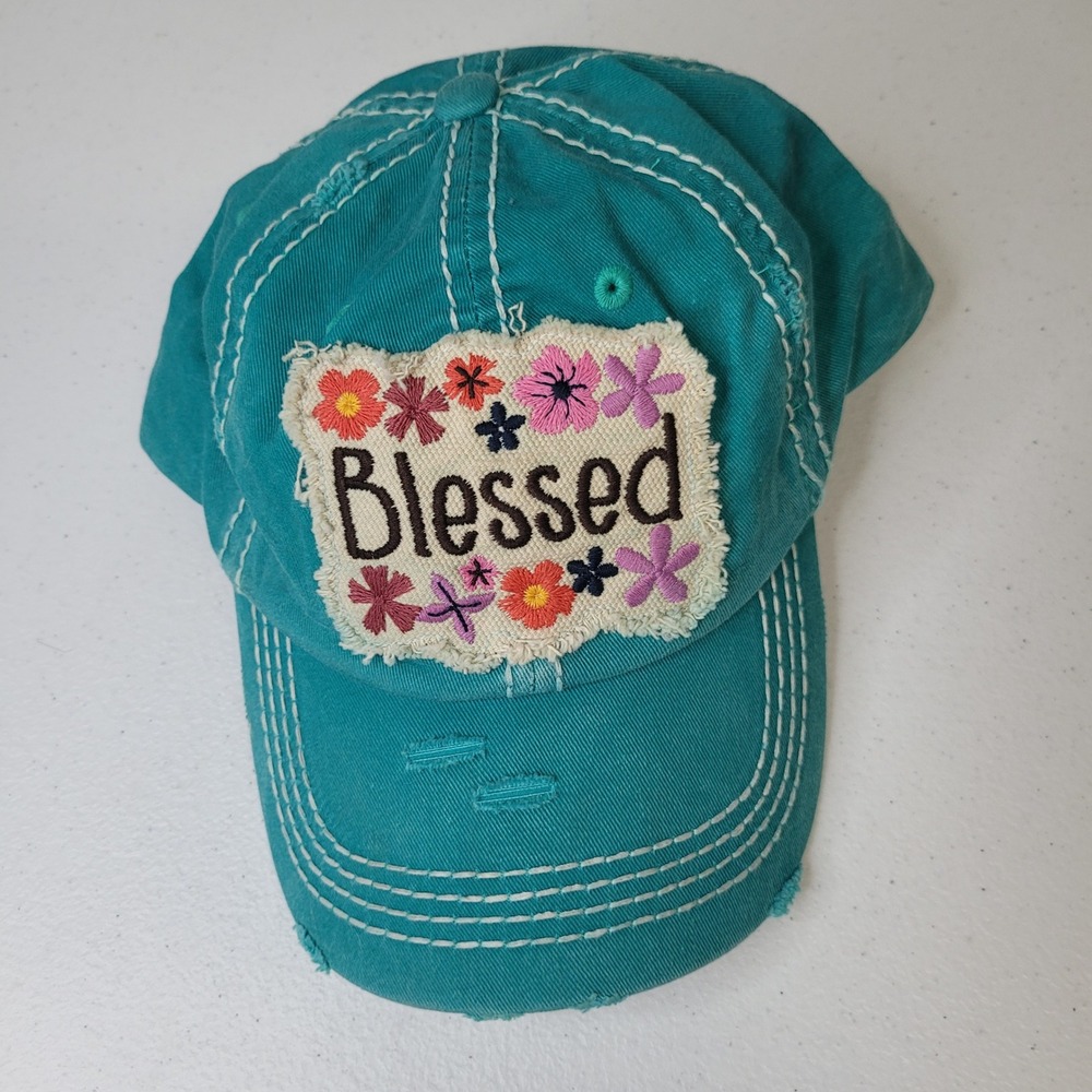 Blessed Teal‎ Floral Embroidered Distressed Baseball Cap Adjustable Hat